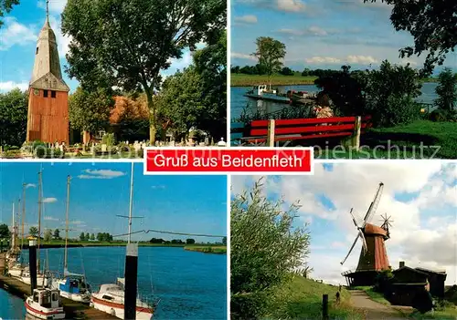 AK / Ansichtskarte Beidenfleth Kirche Partie an der Stoer Bootssteg Windmuehle Beidenfleth