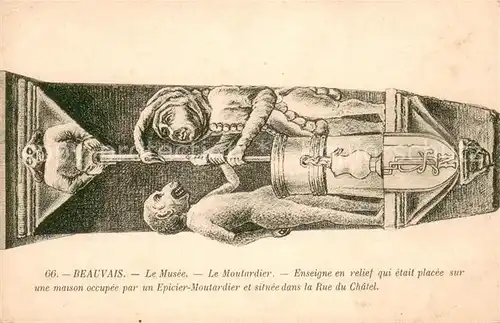 Beauvais_60 Le Musee Le Moutrardier Enseigne en relief qui etait placee sur une maison occupee par un Epicier Moutardier et situee dans la Rue du Chatel 