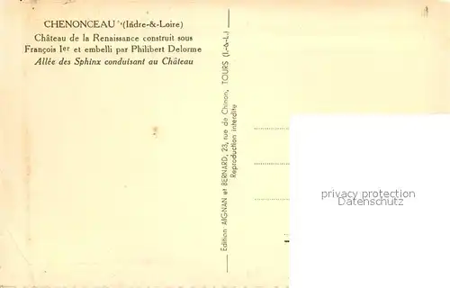 AK / Ansichtskarte Chenonceaux_Indre_et_Loire Chateau de la Renaissance Allee des Sphinx conduisant au Chateau Chenonceaux_Indre