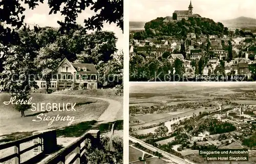 AK / Ansichtskarte Siegburg Hotel Siegblick Stadt mit Abtei Fliegeraufnahme mit Autobahn Siegburg