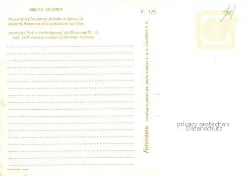 AK / Ansichtskarte Bogota_Colombia Journalists Park in the background the Monserrate Church atop the Monserrate mountain of the Andes Cordillera Bogota Colombia