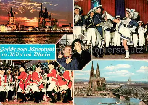 AK / Ansichtskarte Koeln_Rhein Rheinufer Dom Mariechentanz der Blauen Funken Rote Funken Hohenzollernring Rheinbruecke Dom Koeln_Rhein