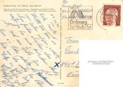 AK / Ansichtskarte Koeln_Rhein Rheinufer Dom Mariechentanz der Blauen Funken Rote Funken Hohenzollernring Rheinbruecke Dom Koeln_Rhein