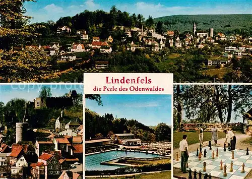 AK / Ansichtskarte Lindenfels_Odenwald Panorama Schloss Freibad Gartenschach Lindenfels Odenwald