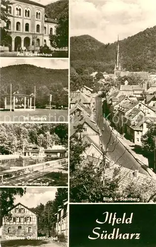 AK / Ansichtskarte Ilfeld_Suedharz Ortsansicht mit Kirche Luftkurort Krankenhaus Kurpark Schwimmbad Gasthaus Gaenseschnabel Ilfeld Suedharz