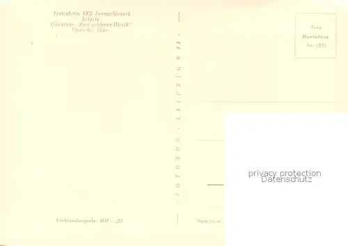 AK / Ansichtskarte Einsiedel_Thueringen Ferienheim VEB Fernmeldewerk Leipzig Gaststaette Zum goldenen Hirsch Handabzug Einsiedel Thueringen