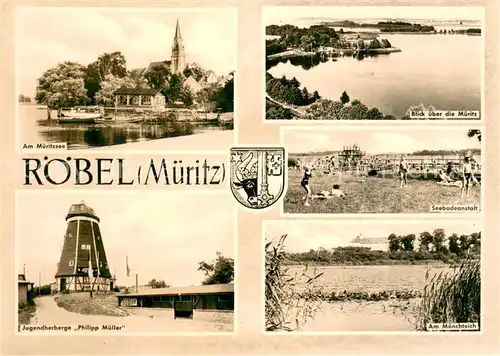 AK / Ansichtskarte Roebel_Mueritz Partie am Mueritzsee Seebadeanstalt Moenchteich Jugendherberge Mecklenburgische Seenplatte Roebel Mueritz