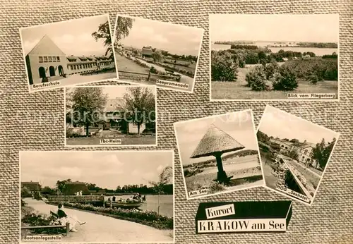 AK / Ansichtskarte Krakow_See Berufsschule Seepromenade Tbc Heim Panorama Blick vom Fliegerberg Bootsanlegestelle HOG Seehotel Krakow_See