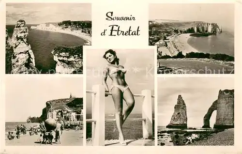 AK / Ansichtskarte Etretat Pin Up Vue prise de la Falaise dAval Vue generale La Plage LAiguille et la Porte d Aval Etretat