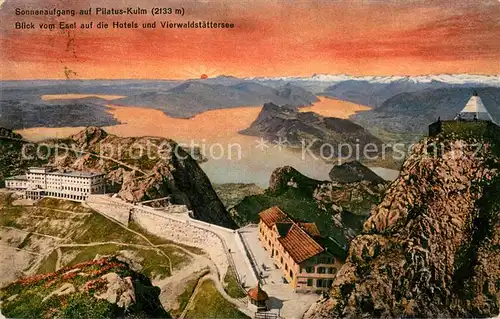 Pilatus_Kulm Sonnenaufgang Blick vom Esel auf Hotels und Vierwaldstaettersee Pilatus_Kulm