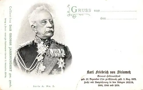 AK / Ansichtskarte Militaria_Deutschland Karl Friedrich von Steinmetz General Feldmarschall Orden Militaria_Deutschland