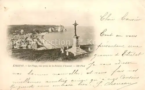 AK / Ansichtskarte Etretat La plage vue prise de la Falaise d Amont Croix Etretat