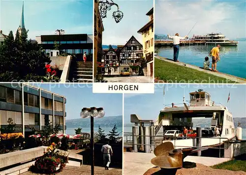 AK / Ansichtskarte Horgen_ZH Kirche Fachwerkhaus Fahrgastschiff Gaststaette Schiffslaende Horgen_ZH