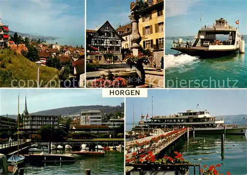 AK / Ansichtskarte Horgen_ZH Panorama Brunnen Autofaehre Hafen Schiffslaende Horgen_ZH