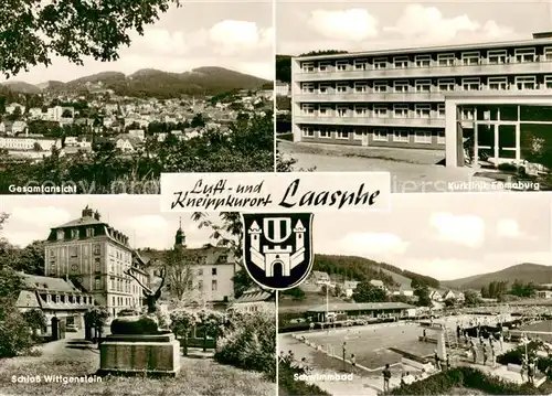 AK / Ansichtskarte Laasphe Panorama Kurklinik Emmaburg Schloss Wittgenstein Schwimmbad Laasphe