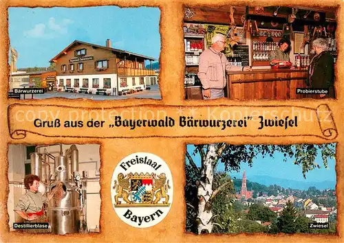 AK / Ansichtskarte Zwiesel_Niederbayern Bayerwald Baerwurzerei Probierstube Destillierblase Ortsansicht Zwiesel Niederbayern
