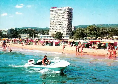 AK / Ansichtskarte Slatni_Pjasazi Motorboot Strand Hotel International Slatni_Pjasazi