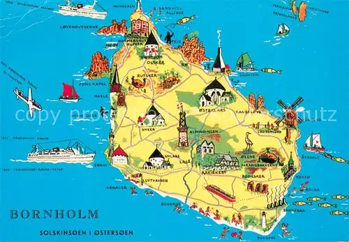 AK / Ansichtskarte Bornholm Landkarte Ostseeinsel mit Sehenswuerdigkeiten Bornholm