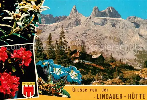 AK / Ansichtskarte Lindauer_Huette Berghuette im Montafon Alpenflora Edelweiss Blauer Enzian Lindauer Huette