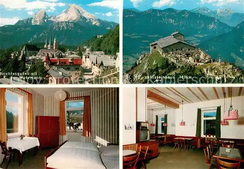 AK / Ansichtskarte Berchtesgaden Gaestehaus Gruenberger Stadtbild mit Blick zum Watzmann Kehlsteinhaus Alpen Berchtesgaden