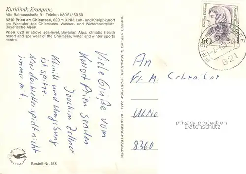 AK / Ansichtskarte Prien_Chiemsee Kurklinik Kronprinz Ortsansicht mit Blick zu den Alpen Prien Chiemsee