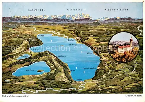 AK / Ansichtskarte Andechs Blick auf Ammerseegebiet Kloster Andechs Alpenpanorama aus der Vogelperspektive Andechs