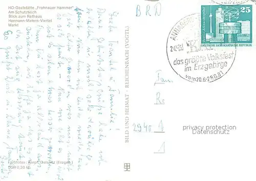 AK / Ansichtskarte Annaberg Buchholz_Erzgebirge HO Gaststaette Frohnauer Hammer am Schutzteich Rathaus Hermann Matern Viertel Markt Annaberg Buchholz