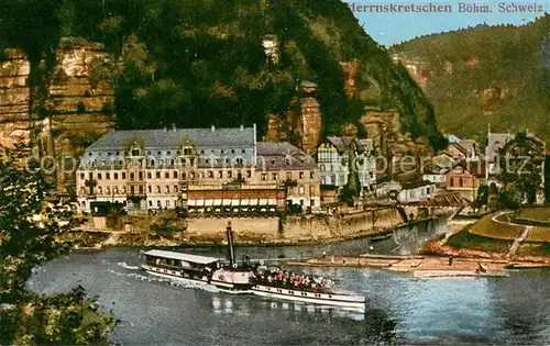 AK / Ansichtskarte Herrnskretschen_Boehmen Blick ueber die Elbe Schaufraddampfer "Ilmenau" 