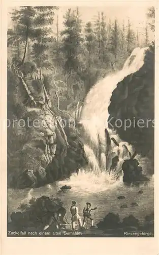 AK / Ansichtskarte Schreiberhau_Niederschlesien Zackelfall im Riesengebirge nach einem alten Gemaelde Kuenstlerkarte Schreiberhau