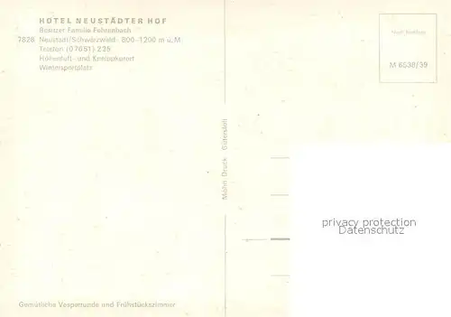 AK / Ansichtskarte Neustadt_Schwarzwald Hotel Neustaedter Hof Restaurant Neustadt_Schwarzwald