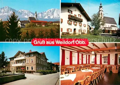 AK / Ansichtskarte Weildorf_Oberbayern Gasthof Stockklausner Ortsmotiv mit Kirche Alpenblick Weildorf Oberbayern