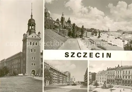 AK / Ansichtskarte Szczecin_Stettin Wieza dzwonow Zaku Ksiazat Pomorskich Waly Chrobrego i port na Odrze Ulica Generala karola Swierczewskiego Plac Orla Bialego Szczecin_Stettin