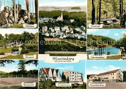 AK / Ansichtskarte Marienberg_Westerwald Wolfstein Kurpark Tennisplatz Europahaus Nistertal Freibad Jugendherberge Ortsansicht mit Kirche Marienberg_Westerwald