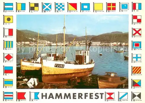 AK / Ansichtskarte Hammerfest Hafen Fischkutter Vimpelfabrikken Nationalflaggen Hammerfest