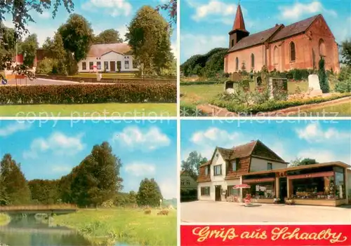 AK / Ansichtskarte Schaalby Ortsmotive Ladengeschaeft Landschaft Kirche Schaalby