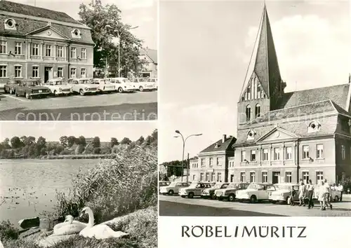 AK / Ansichtskarte Roebel_Mueritz Motive Innenstadt Kirche Uferpartie an der Mueritz Schwaene Mecklenburgische Seenplatte Roebel Mueritz