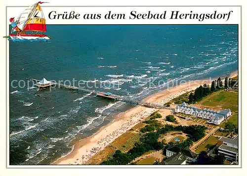 AK / Ansichtskarte Heringsdorf_Ostseebad_Usedom Fliegeraufnahme mit Strand und Seebruecke Heringsdorf_Ostseebad