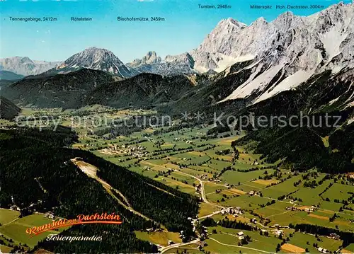 AK / Ansichtskarte Ramsau_Dachstein_Steiermark Fliegeraufnahme mit Dachsteinsuedwaende Bischofsmuetze Roetelstein und Tennengebirge Ramsau_Dachstein