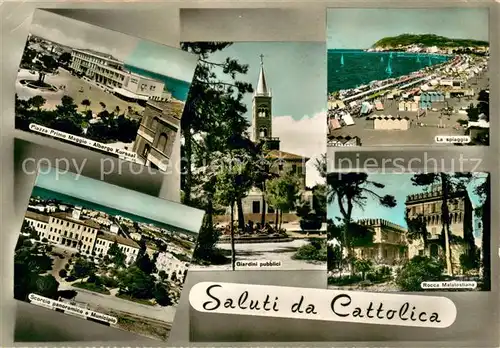 AK / Ansichtskarte Cattolica_Rimini Piazza Primo Maggio Scorcio panoramico e Municipio Giardini pubblici La spiaggia Rocca Malatestiana 