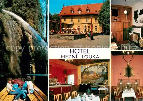 AK / Ansichtskarte Hrensko Hotel Mezni Louka Gastraeume Wasserfall Hrensko