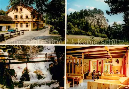 AK / Ansichtskarte Muggendorf_Niederoesterreich Gasthaus Karnerwirt Gaststube Bei den Mirafaellen Felsen Muggendorf