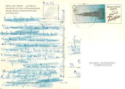 AK / Ansichtskarte Koeln_Rhein Fliegeraufnahme Rhein mit Dom und Severinsbruecke Deutzer Bruecke Hohenzollernbruecke Zoobruecke Koeln_Rhein