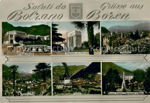 AK / Ansichtskarte Bozen_Suedtirol Korpskommando Siegesdenkmal Panorama Seilbahn Denkmal Walter von der Vogelweide Bozen Suedtirol