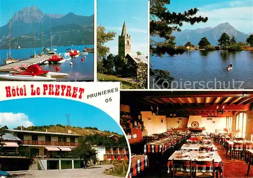 AK / Ansichtskarte Prunieres_Hautes Alpes Hotel Le Preyret Lac de Serre Poncon Restaurant Eglise Prunieres Hautes Alpes