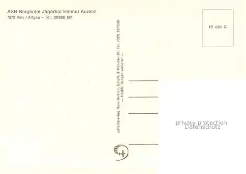 AK / Ansichtskarte Isny_Allgaeu ASB Berghotel Jaegerhof Fliegeraufnahme Isny Allgaeu