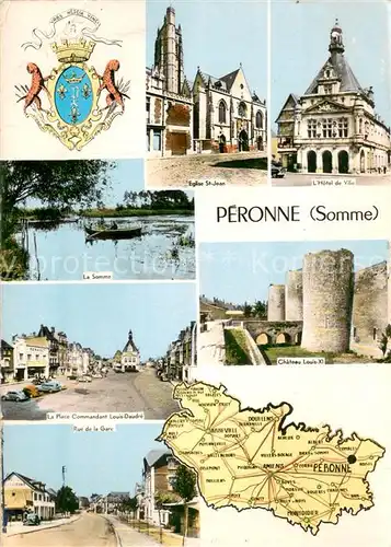 AK / Ansichtskarte Peronne_80_Somme Eglise St Jean Hotel de Ville Le Somme La Place Commandant Louis Daudre Rue de la Gare Chateau Louis XI 