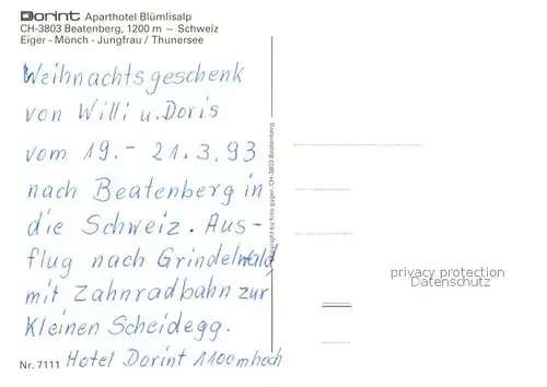 AK / Ansichtskarte Beatenberg Dorint Aparthotel Bluemlisalp mit Eiger Moench und Jungfrau Berner Alpen Thunersee Winterpanorama Beatenberg