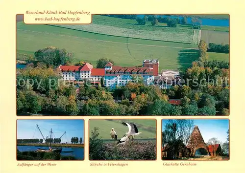 AK / Ansichtskarte Bad_Hopfenberg Weserland Klinik Bad Hopfenberg Fliegeraufnahme Aalfaenger auf der Weser Stoerche in Petershagen Glashuette Gernheim Bad_Hopfenberg