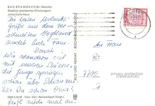 AK / Ansichtskarte Bad_Brambach Joliot Curie Haus Springbrunnen Erholungsort Bad_Brambach