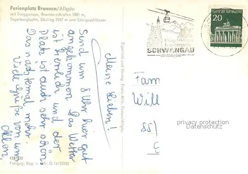 AK / Ansichtskarte Brunnen_Schwangau Fliegeraufnahme mit Forggensee Branderschrofen Tegelbergbahn Saeuling und Koenigsschloesser Brunnen Schwangau